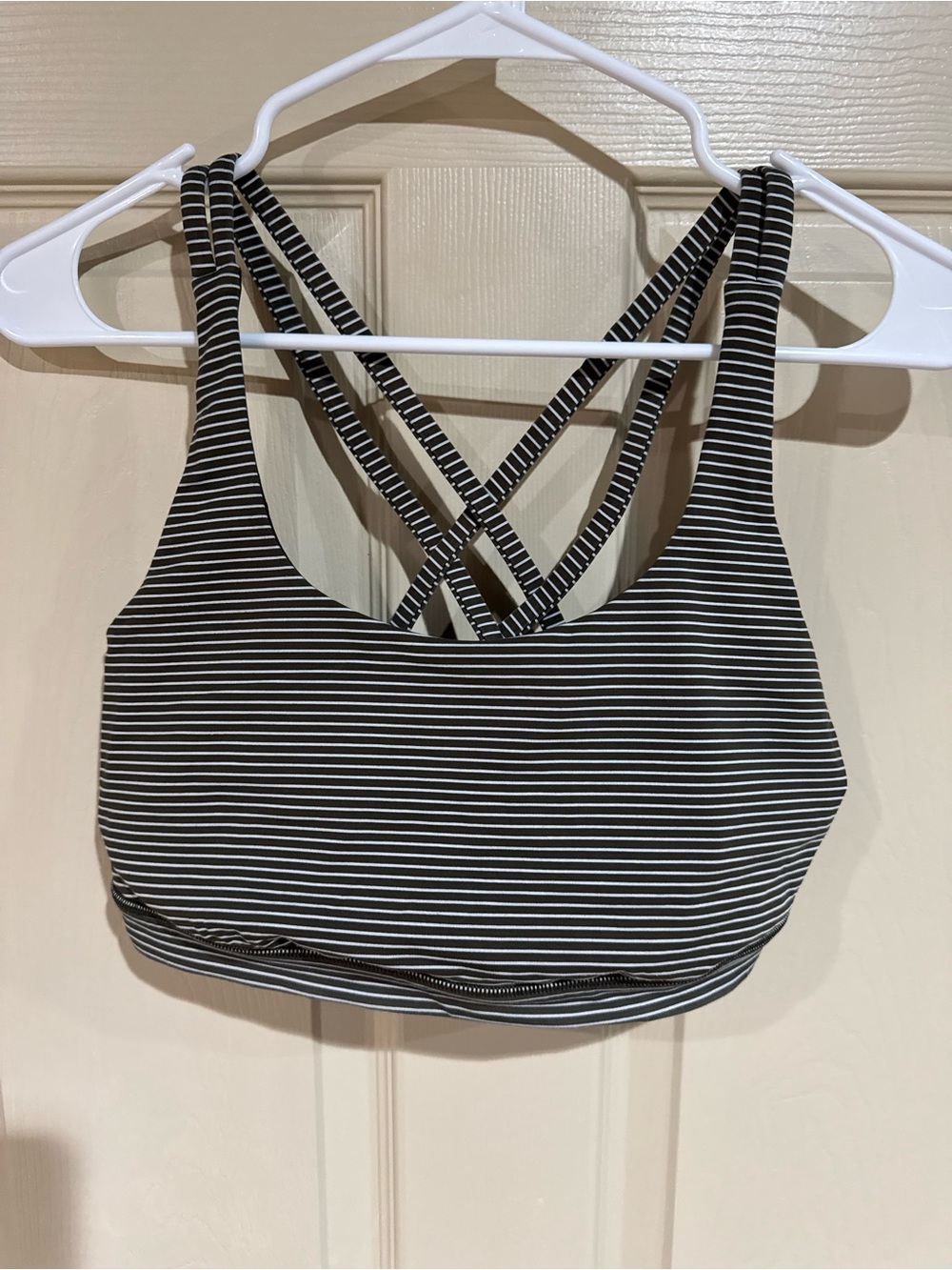 lululemon athletica Energy Olive & White Striped Crisscross Sports Bra
